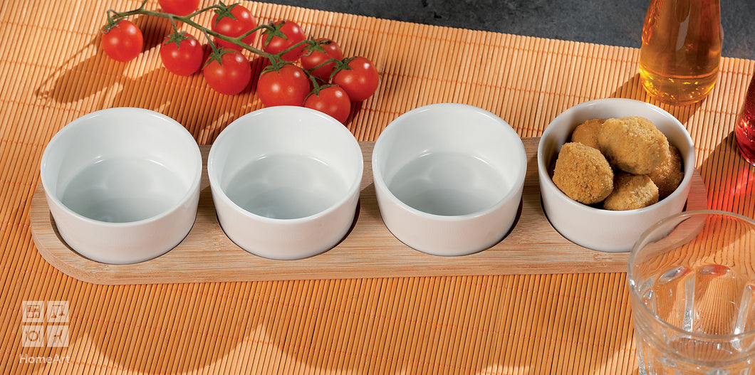 Set 4 Tasa Porcelani me 1 Tabaka Bambu
